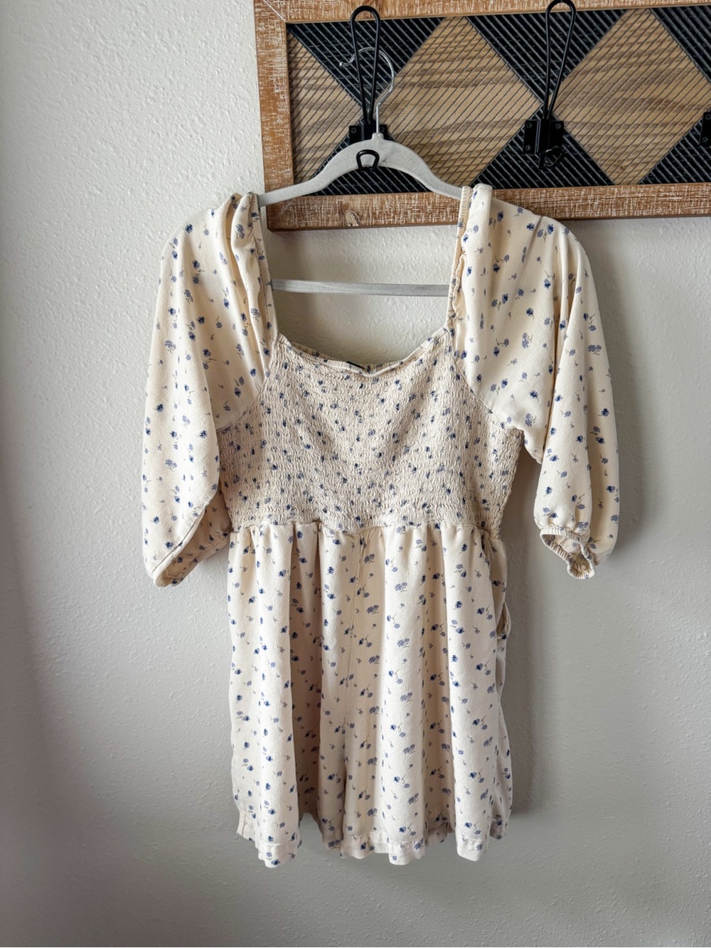 American Eagle Outfitters Cream Romper with Blue Dot Print
